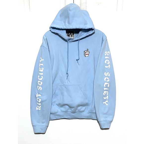 Riot Society Enjoy Chinese Take Out Box Blue Hoodie Sweatshirt Spell Out Mens S - Picture 1 of 6